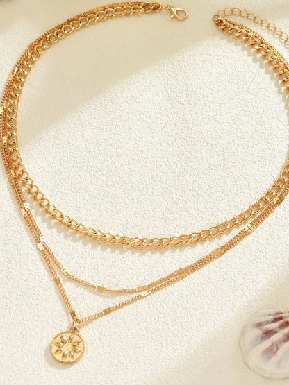 18K Gold-Plated Layered Necklace with Sun Medallion Pendant