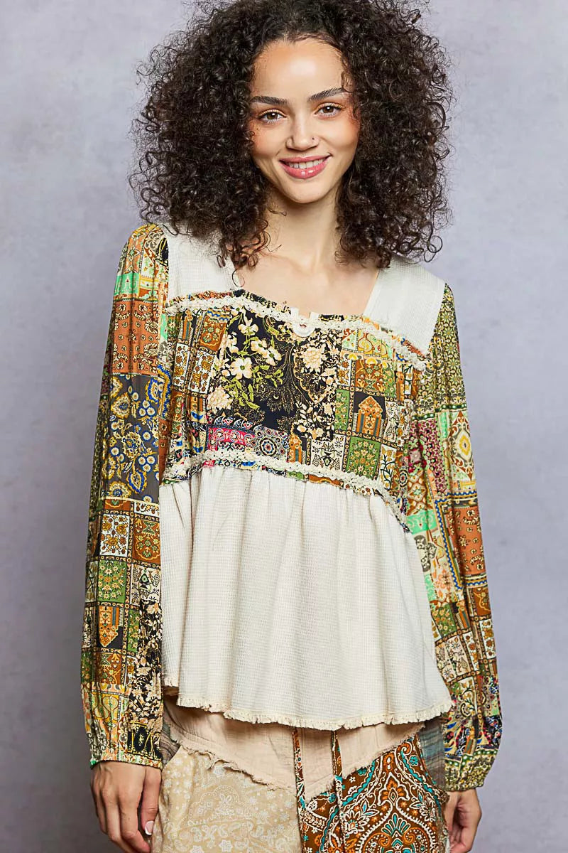 POL Balloon Sleeve Peplum Blouse with Trim Detail
