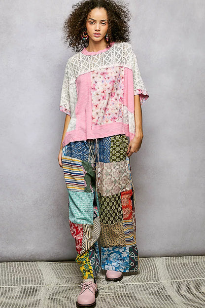 POL Floral Patchwork Lace Accent Blouse