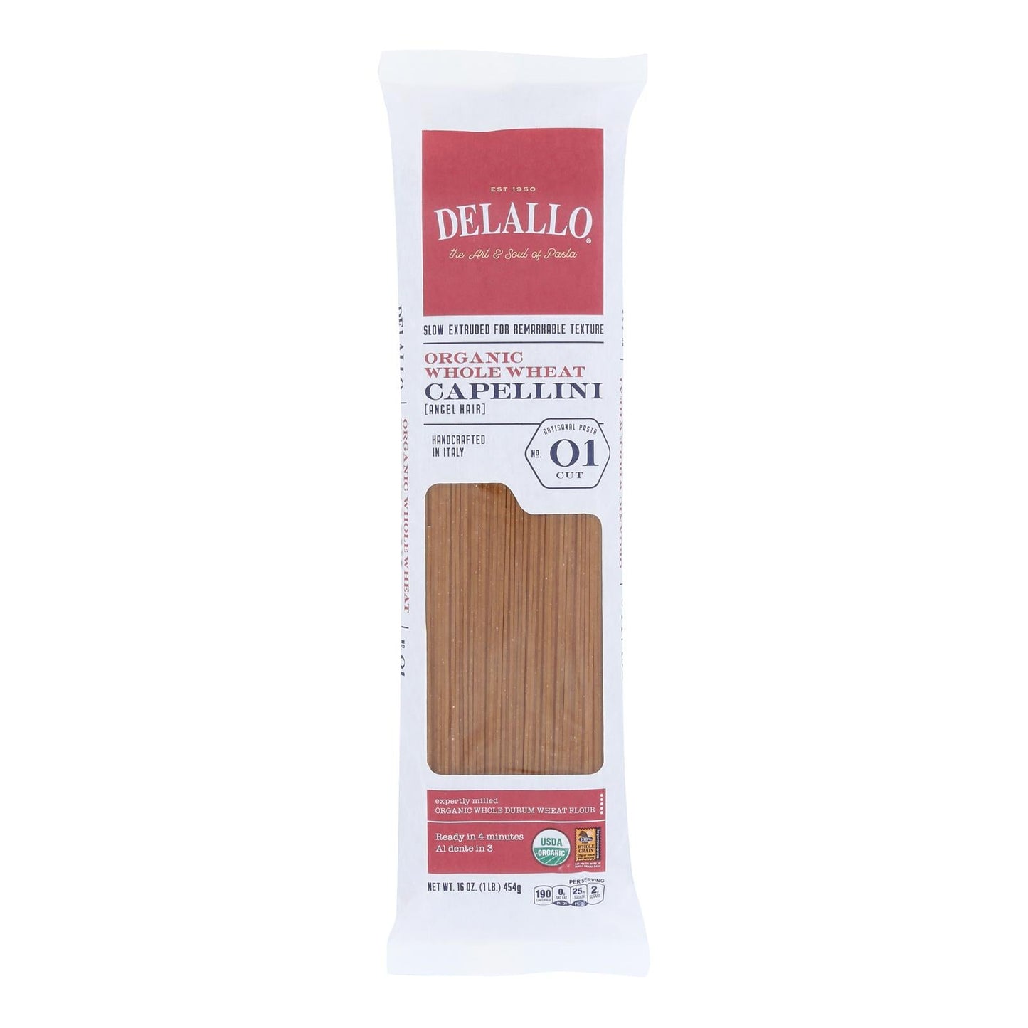 Delallo Pasta  - Organic Whole Wheat Capellini 1 lb - (Pack of 16)  .