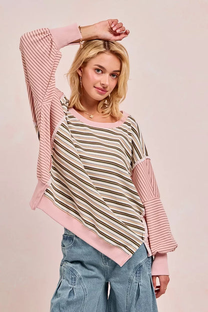 BiBi Stripe Mixed Top With Cut Edge And Reverse Outseam