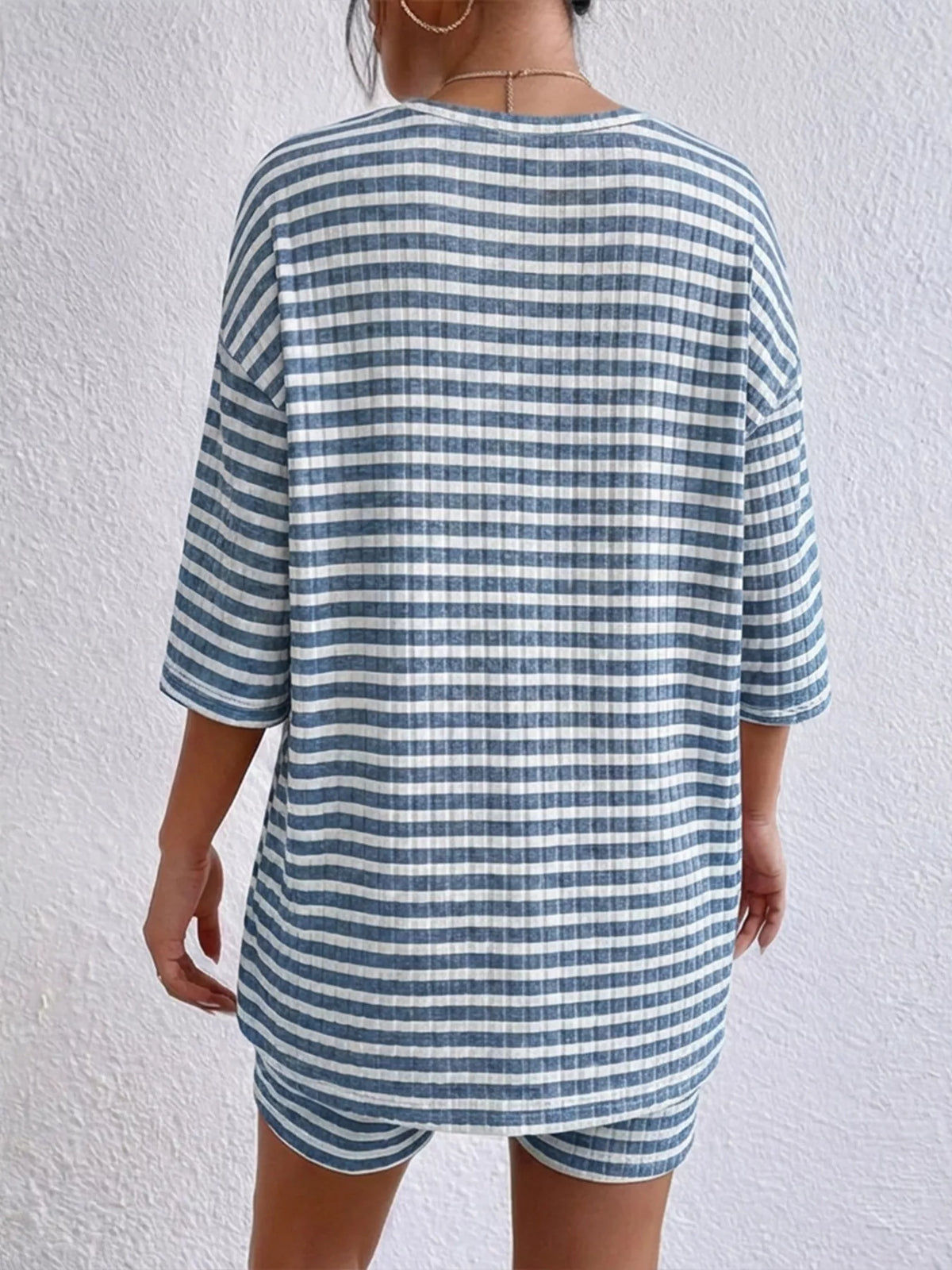 Striped Round Neck Top and Shorts Set
