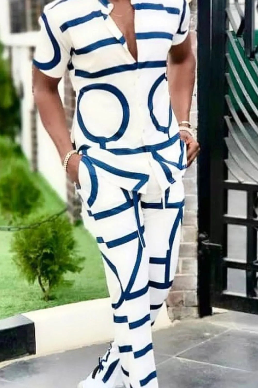 Men's Full Size Geo Print Short Sleeve Top and Pants Set Plus Size