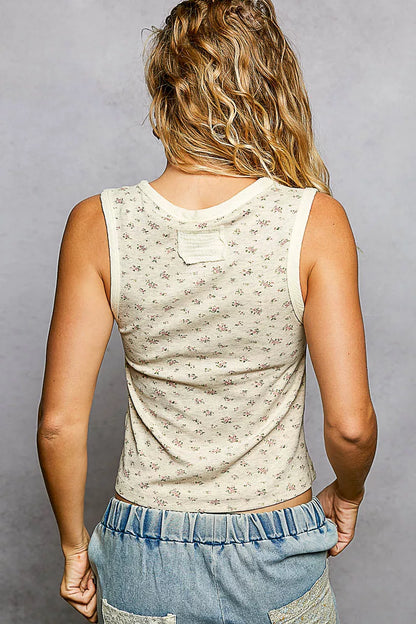 POL Floral Round Neck Cropped Ribbed Tank