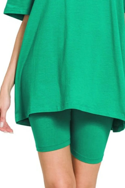 Zenana Cotton Round Neck Top & Biker Shorts