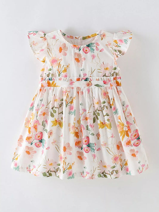 Children's Floral Print Ruffled Sleeve Dress