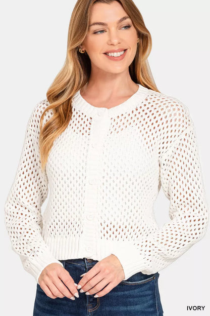 Zenana Button Down Lightweight Crochet Cardigan Sweater