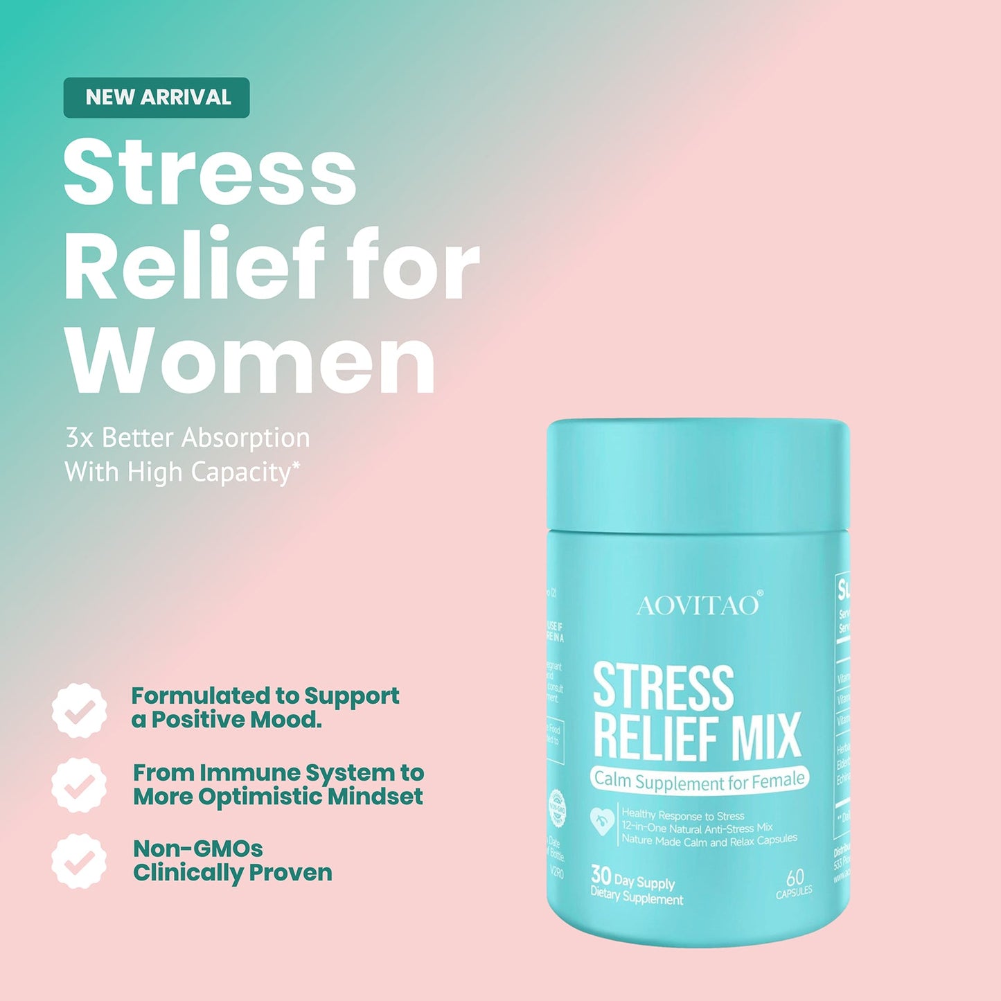 Ashwagandha for Women Stress Relief Focus & Relaxation Support Supplement with L-Theanine Magnesium | 60 Capsules