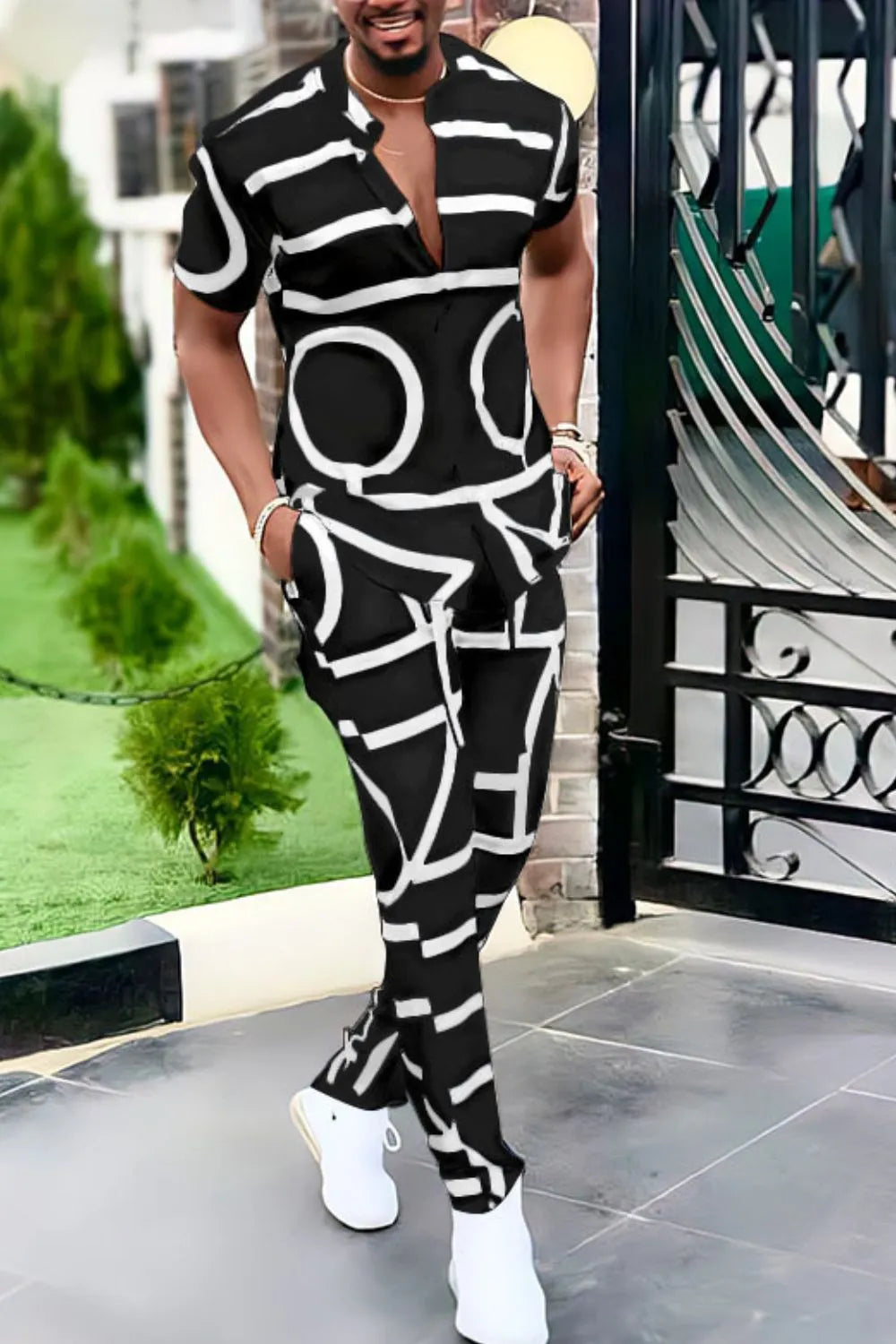 Men's Full Size Geo Print Short Sleeve Top and Pants Set Plus Size
