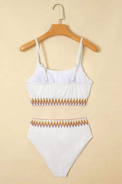 Textured Contrast Banding Bikini High Waist 2pcs Swimsuit