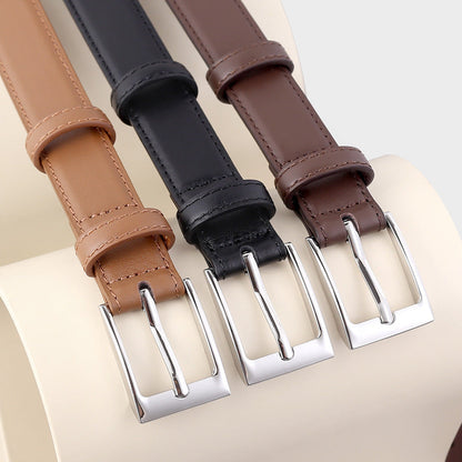 Classic Leather Skinny Belt with Silver Buckle