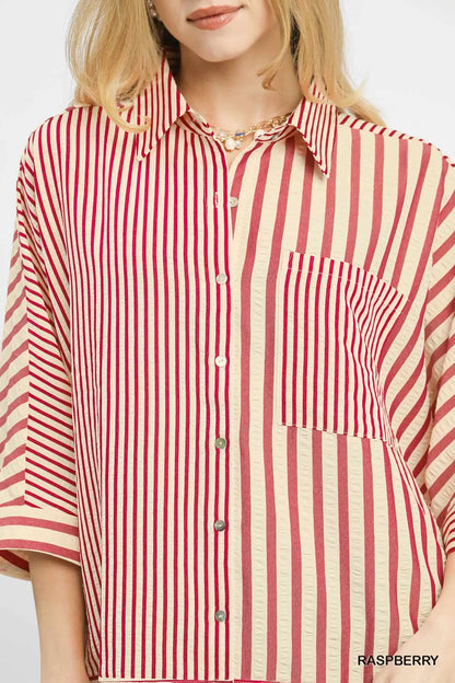 Umgee Mixed Stripe Oversized Button Down Top