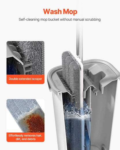 Mop And Bucket With Wringer Set, Wet & Dry Use, Flat Mop And Bucket System With 3 Washable Microfiber Pads, Flat Mop With Stainless Steel Handle, Mop Bucket Set For Hardwood Tile Vinyl