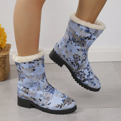 Floral Print Warm Lined Ankle Boots