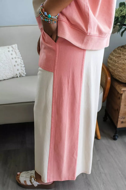 Two-tone Color Block Patchwork Tee Drawstring Loose Pant Set