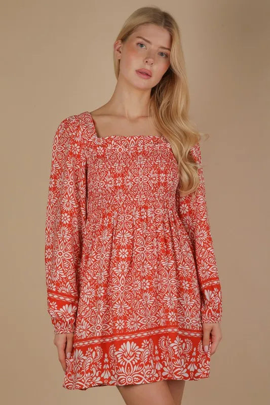 VERY J Printed Smocked Chest Boho Mini Dress