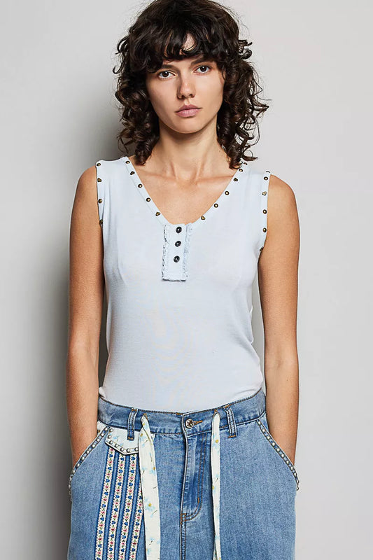 POL Studded Trim Button-Front Ruffle Detail Tank