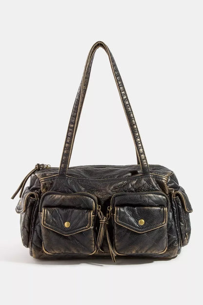 Fame Multi Pocket Textured Leather Shoulder Bag