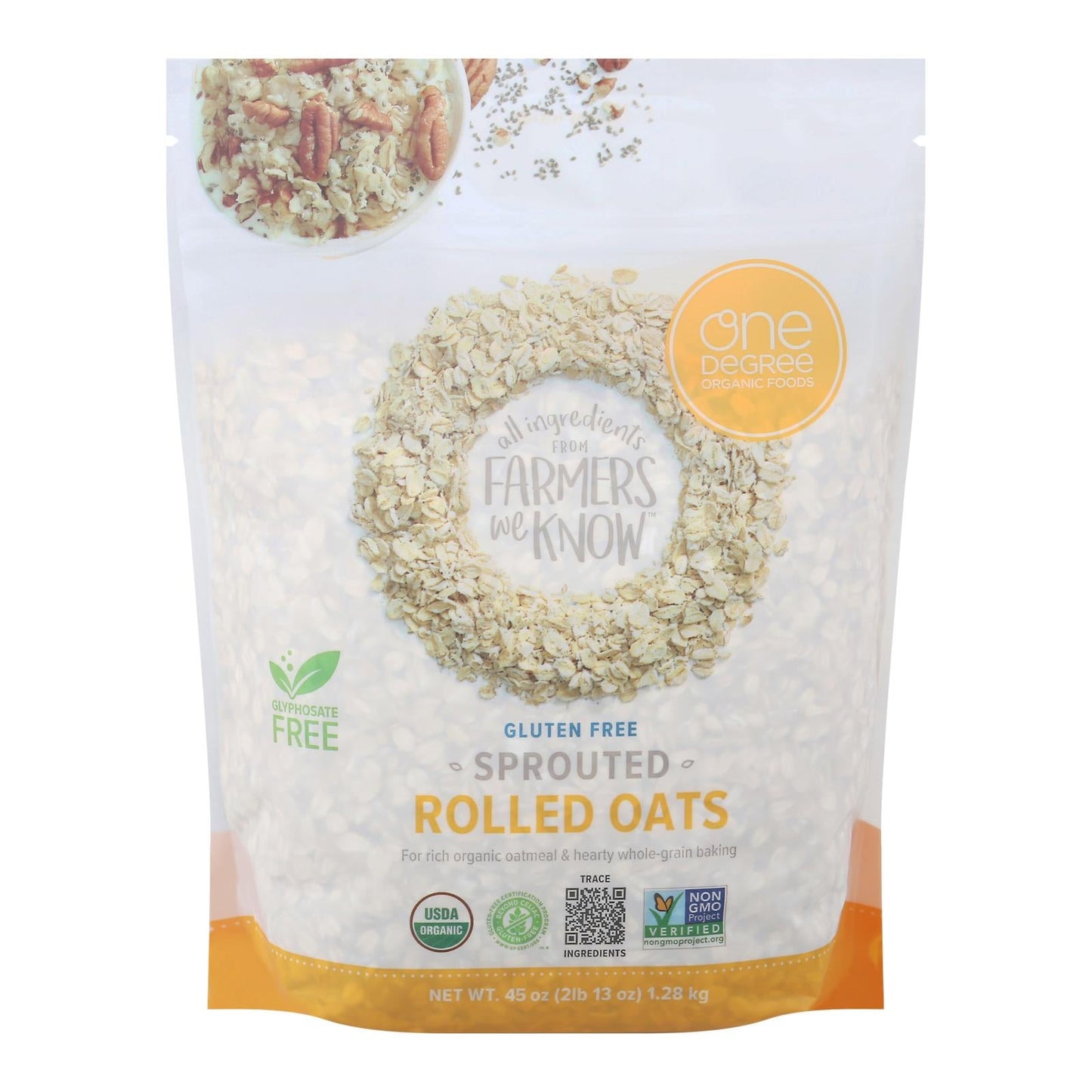 One Degree Organic Sprouted Rolled Oats, 45 oz, Case of 4