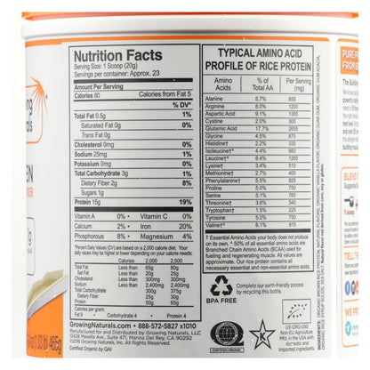 Growing Naturals Organic Raw Rice Protein - Vanilla Blast - 16.4 oz
