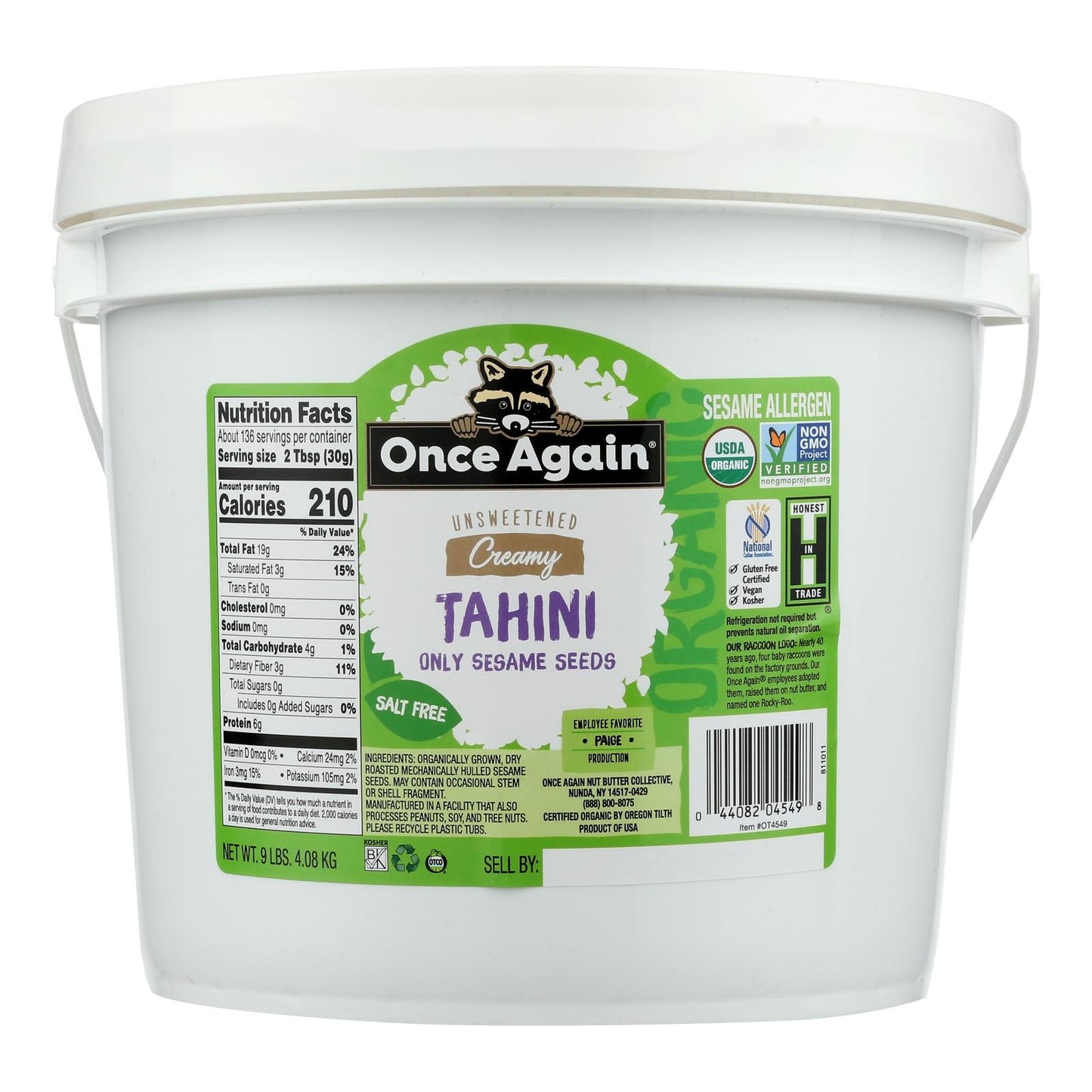 Once Again Organic Sesame Tahini (9 lb)