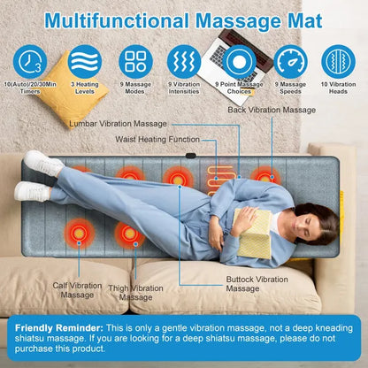 Full Body Electric Massage Mat With Heat Vibration Massage Pad Cushion Back Massage Mattress Chair Pad With Inflatable Head Lumbar Pillow With 10 Vibration Motors 3 Timers Anti-Slip Bottom Earplugs