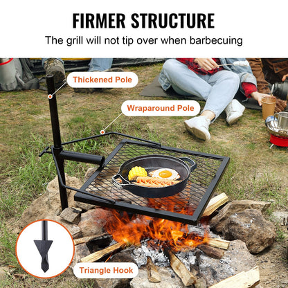 VEVOR Swivel Campfire Grill, Fire Pit Grill Grate Over Fire Pits, Heavy Duty Steel Grill Grates, 360Adjustable Open Fire Outdoor Cooking Equipment, Portable Camp Fire Racks For Camping Outdoor BBQ