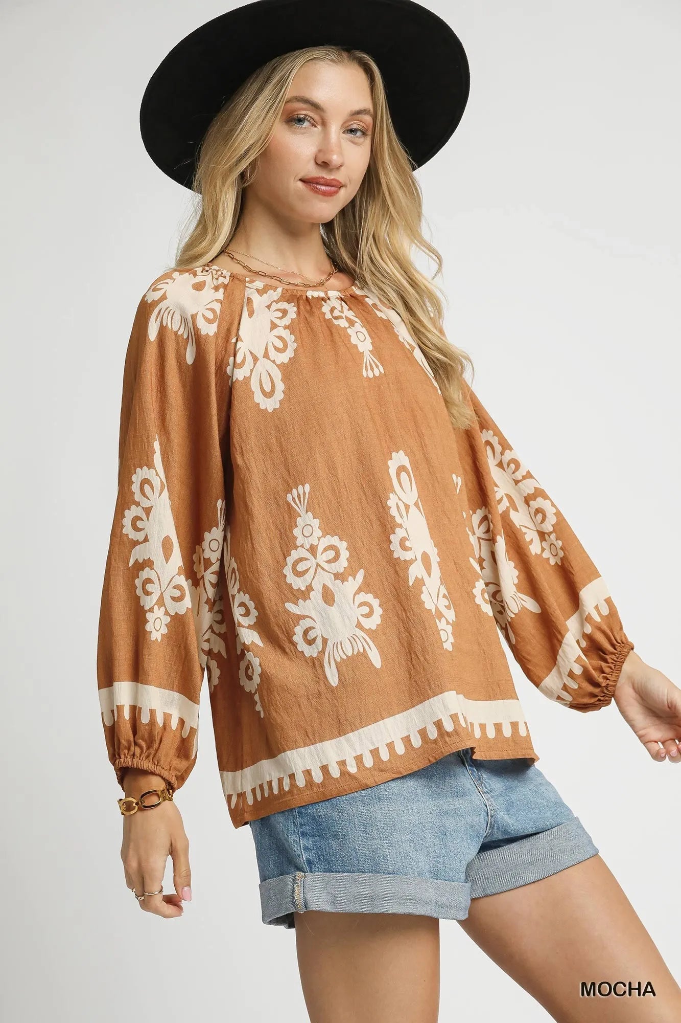 Umgee Full Size Two Tone Border Print Top with Balloon Sleeves Plus Size
