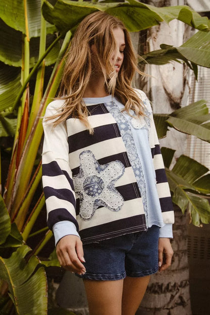 BiBi Patchwork Striped Round Neck Sweatshirt