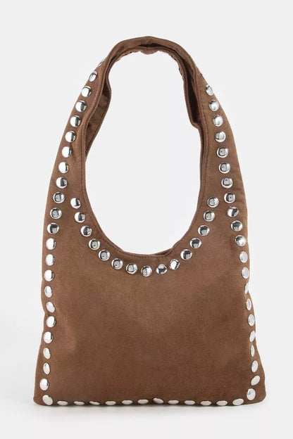 Fame Grommet Border Studded Suede Shoulder Bag
