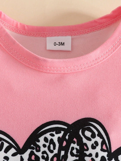 Children's Leopard Heart Bodysuit and Shorts Set with Headband