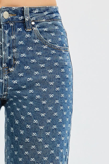 RISEN High Rise Wide Leg Bow Embroidered Jeans