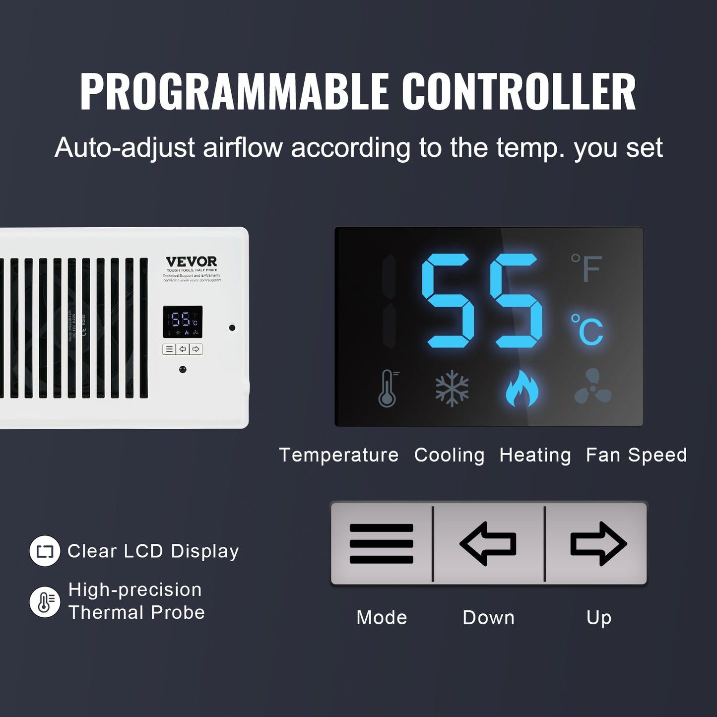 VEVOR Register Booster Fan, Quiet Vent Booster Fan Fits Register Holes, With Remote Control And Thermostat Control, Adjustable Speed For Heating Cooling Smart Vent, White