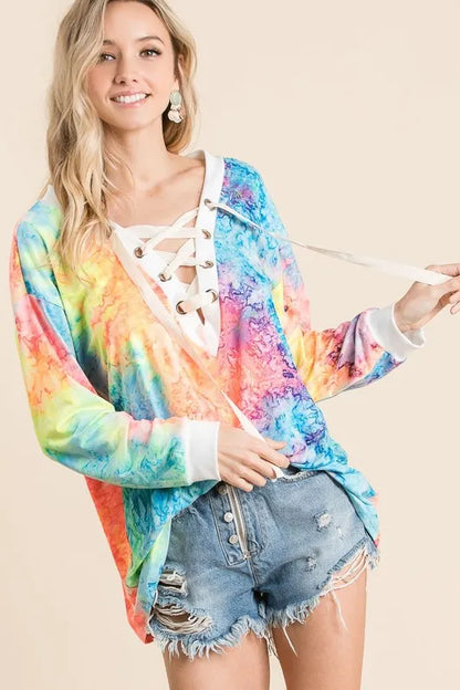 BiBi Tie Dye Deep V-neck Top With Lace Up Front