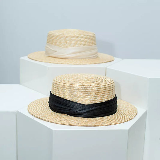 Straw Boater Hat with Ribbon Accent