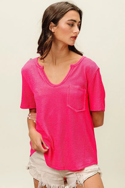 BiBi Waved Rib U Neck Top With Front Pocket