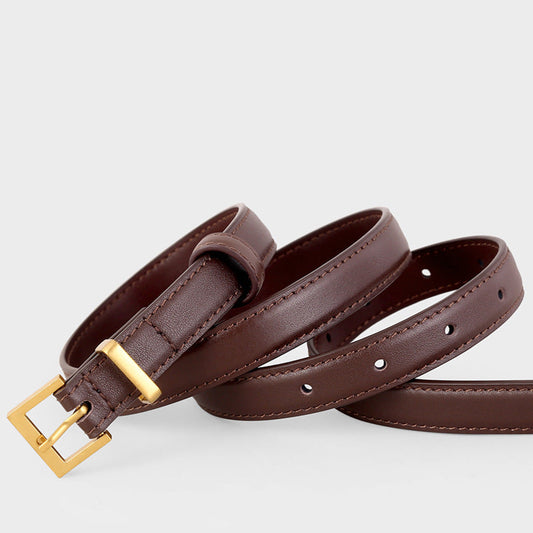 Leather Skinny Belt with Golden Buckle