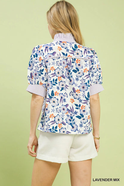 Umgee Floral Print Jacquard Ruffle Top