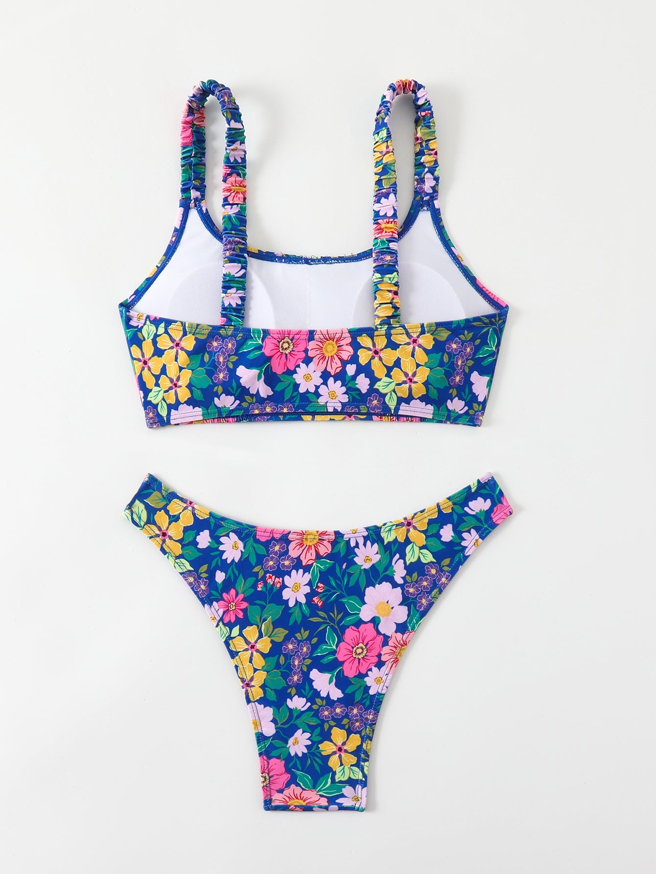 Women's Floral Print Bralette Bikini Set, Ruched Shoulder Straps & Front Tie Top, High Cut Cheeky Bottom 2 Piece Swimsuit
