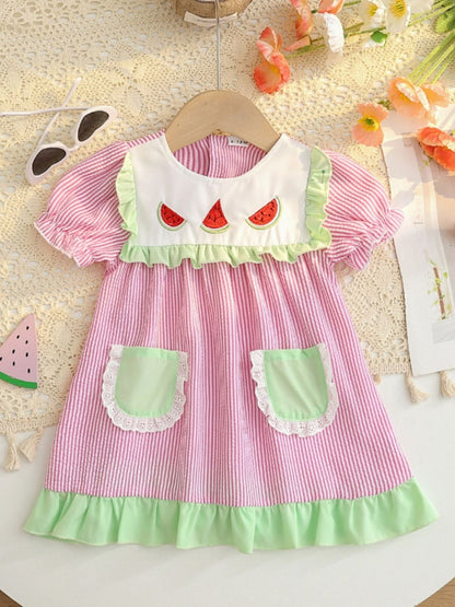 Children's Fruit Embroidered Striped Short Sleeve Dress