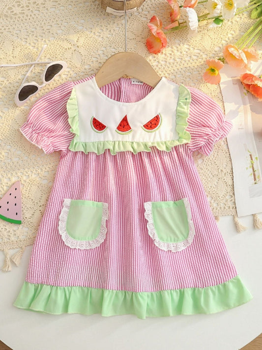 Children's Fruit Embroidered Striped Short Sleeve Dress