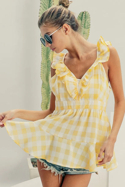 BiBi Ruffled Neckline Sleeveless Check Plaid Peplum Top