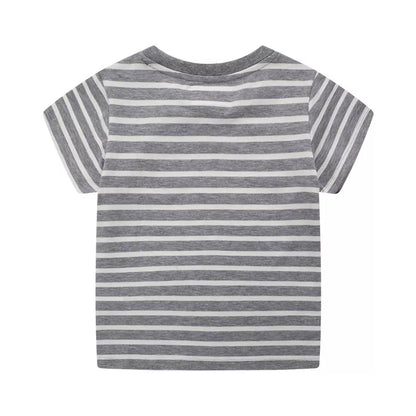 Children's Excavator Striped Round Neck T-Shirt