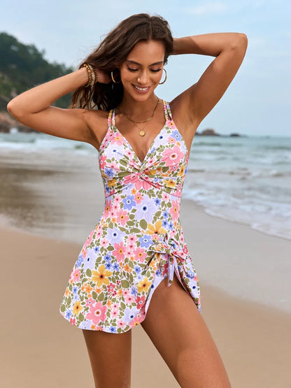Twisted Front Crisscross Double Spaghetti Strap One-Piece Swimwear