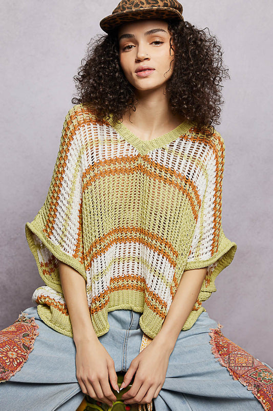 POL Openwork Lightweight Striped V-Neck Knit Top