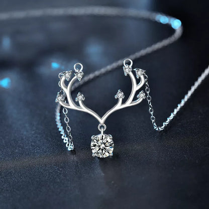 1 Carat Moissanite 925 Sterling Silver Deer Antler Pendant Necklace