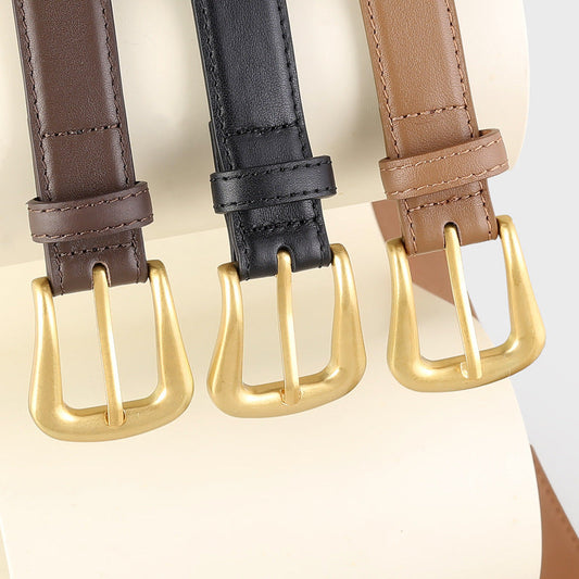 Skinny Leather Belt with Golden Buckle
