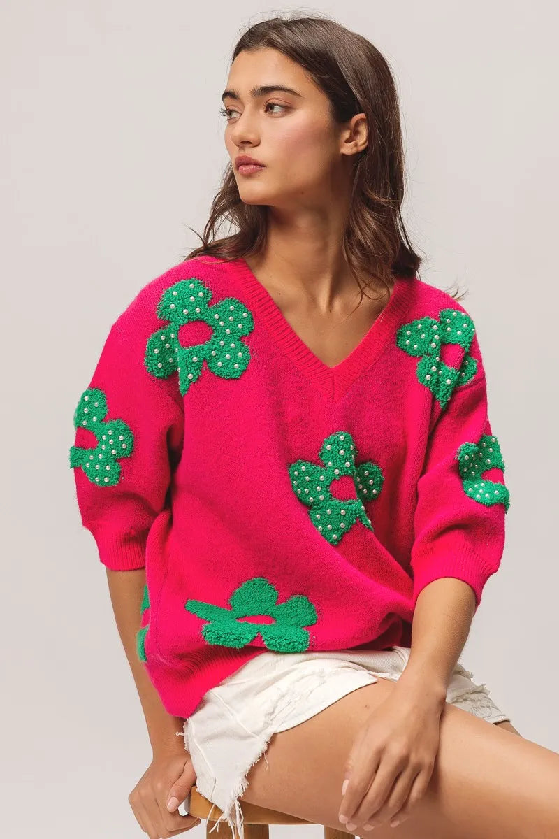 BiBi Pearl Beads Flowers Sweater Top