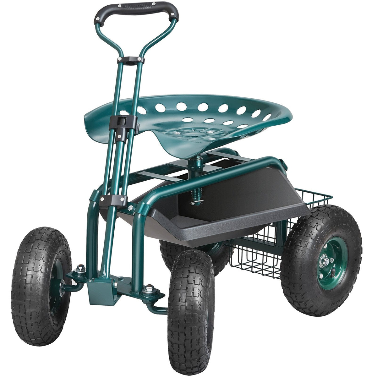 VEVOR Garden Cart Rolling Workseat With Wheels, Gardening Stool For Planting, 360 Degree Swivel Seat, Wagon Scooter With Steering Handle & Utility Tool Tray, Use For Patio, Yard, And Outdoors, Green