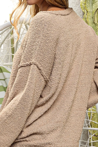 BiBi Raw Edged Popcorn Texture V-neck Sweater